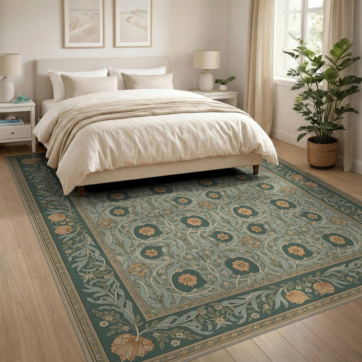 Blue Teal Floral Vintage Area Rug