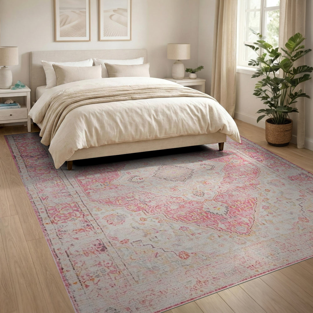 Pink Distressed Vintage Floral Area Rug