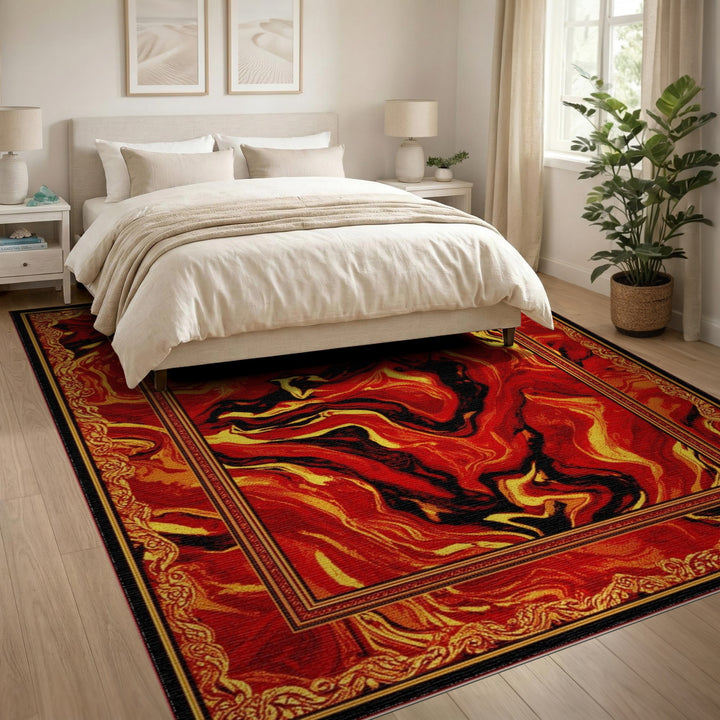 Red Abstract Marble Area Rug with Gold Border