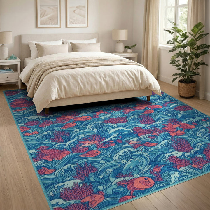 Blue Ocean Fish Washable Area Rug