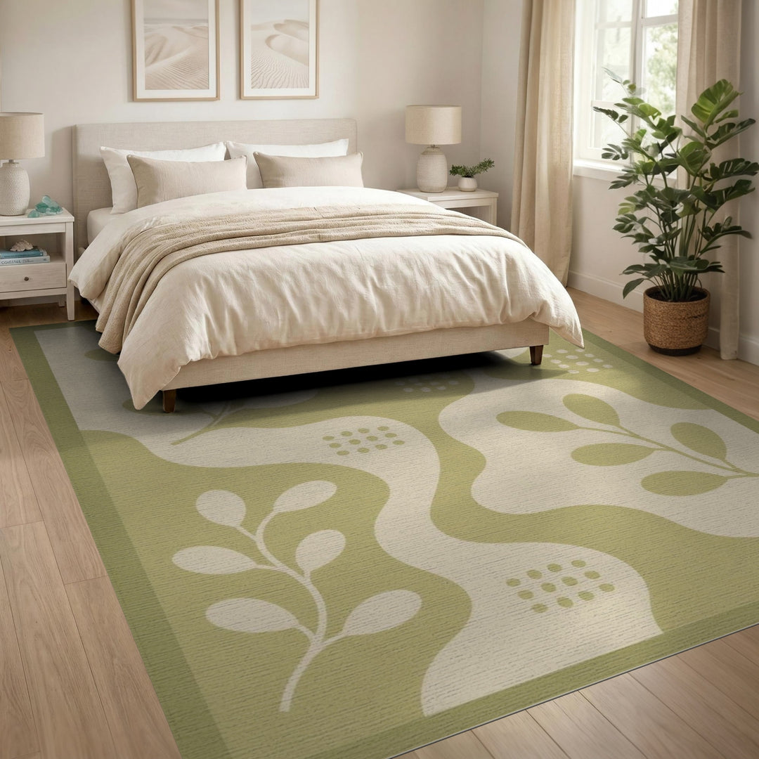 Sage Green Boho Leaf Area Rug
