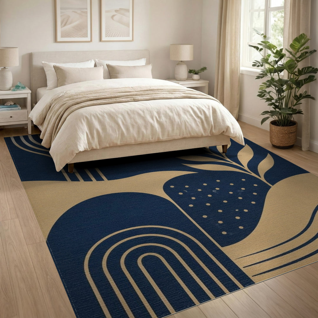 Navy Gold Geometric Leaf Area Rug