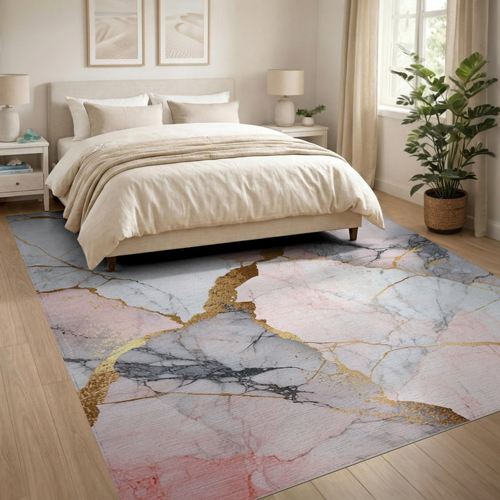 Abstract Area Pink Marble Gold Area Rug