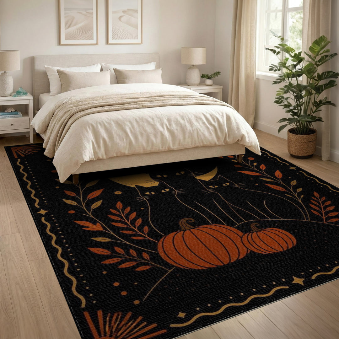 Black Cats Pumpkin Halloween Washable Area Rug