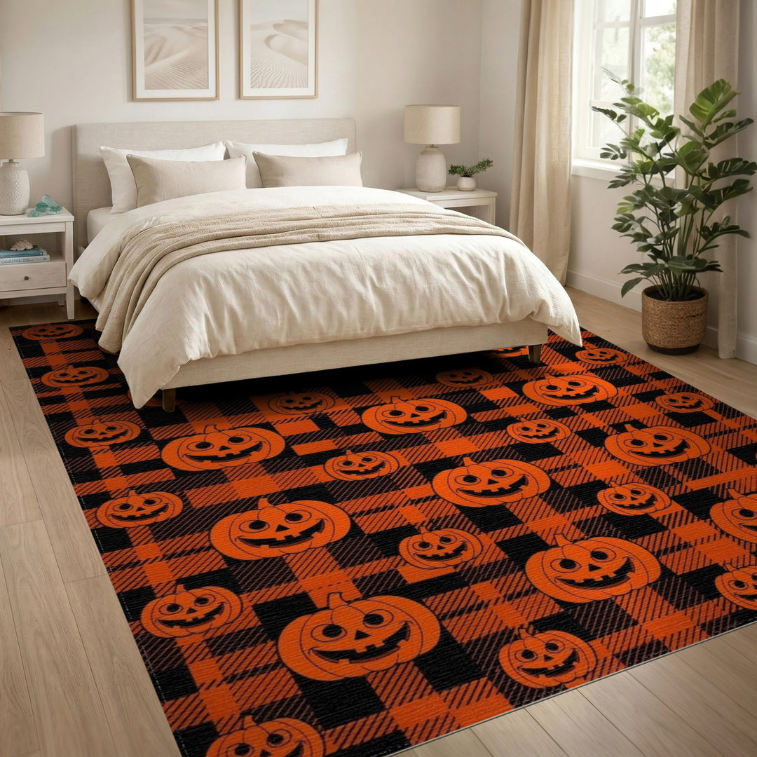 Kids Cartoon Orange Pumpkin Plaid Area Rug