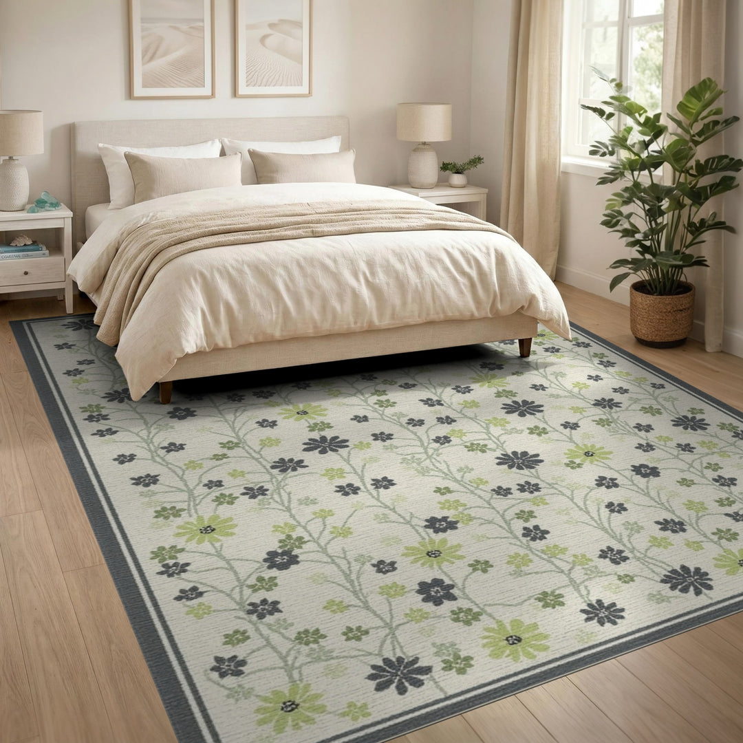 Green Floral Vine Cream Area Rug