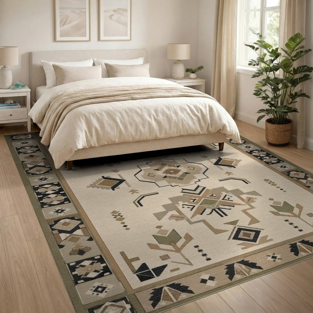 Beige Heritage Tribal Geometric Area Rug