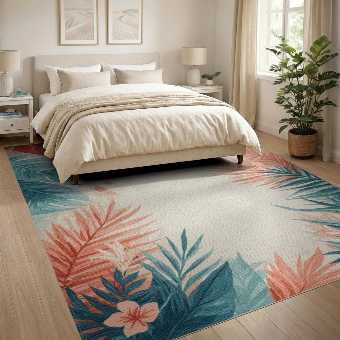 Blue Teal Coastal Leaf Area Rug