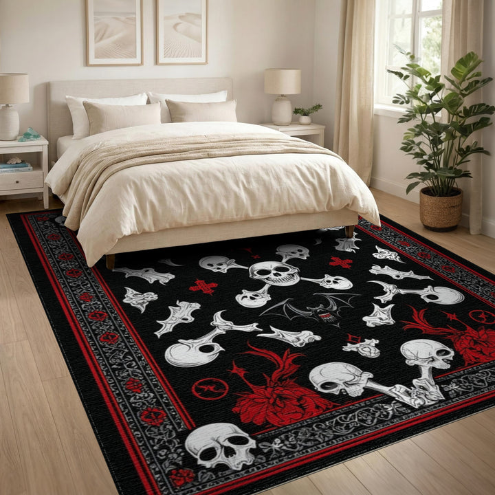 Gothic Skull Bat Washable Area Rug