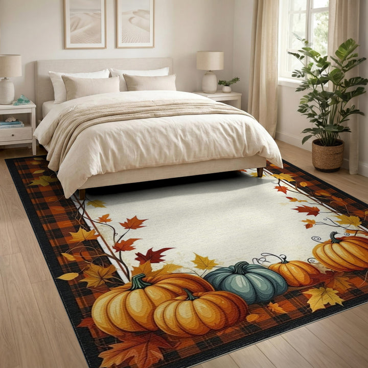 Autumn Pumpkin Plaid Washable Area Rug