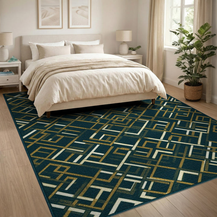 Blue and Teal Geometric Gold Area Rug