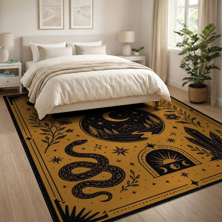 Celestial Boho Area Rug with Snake Owl and Moon