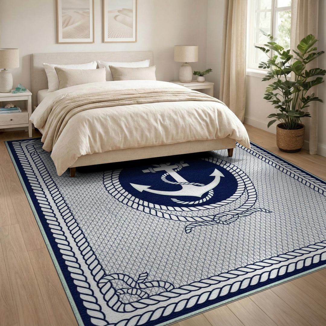 Navy Anchor Rope Coastal Area Rug