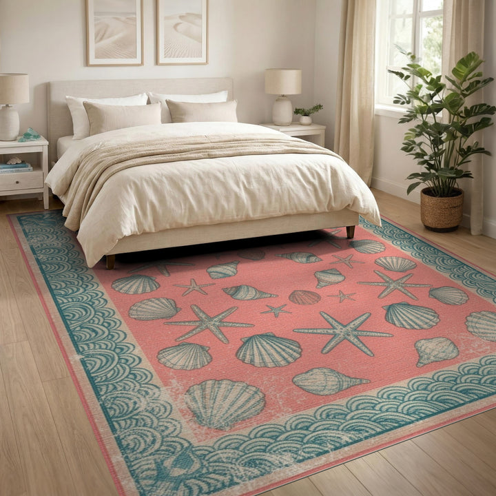 Pink Coastal Seashell Starfish Area Rug