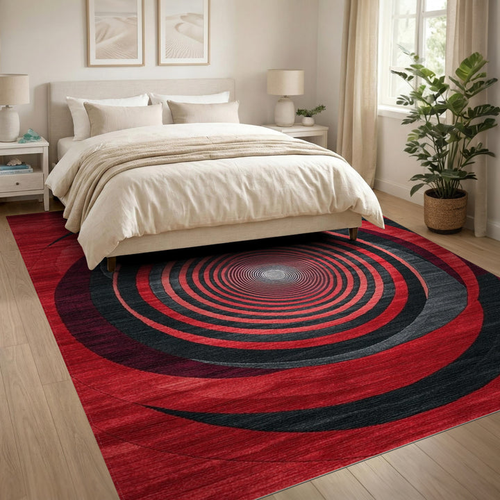 Red Black Concentric Spiral Area Rug