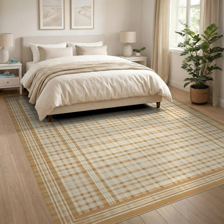 Tan Plaid Checkered Farmhouse Area Rug