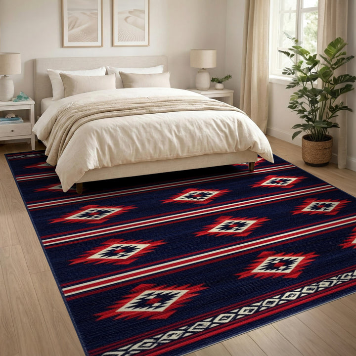 Navy Blue Southwestern Area Rug with Red Diamonds