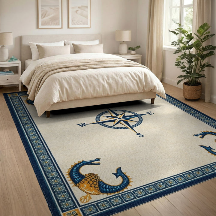 Blue Seahorse Compass Coastal Area Rug