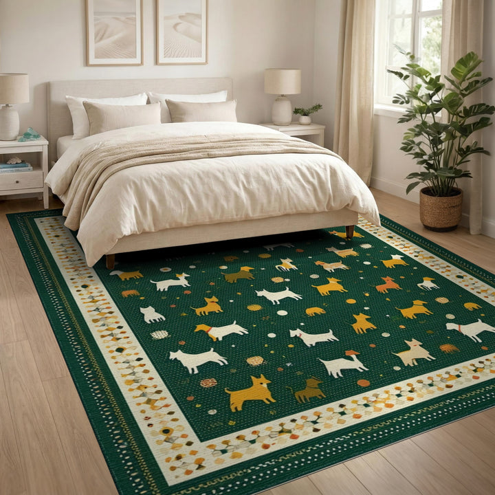 Green Playful Dogs Kids Area Rug