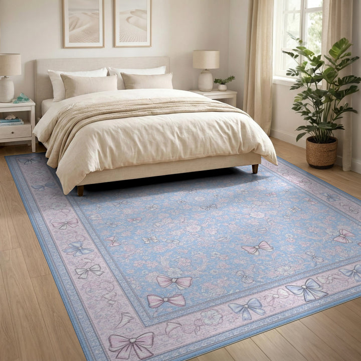 Pastel Blue Floral Bow Area Rug