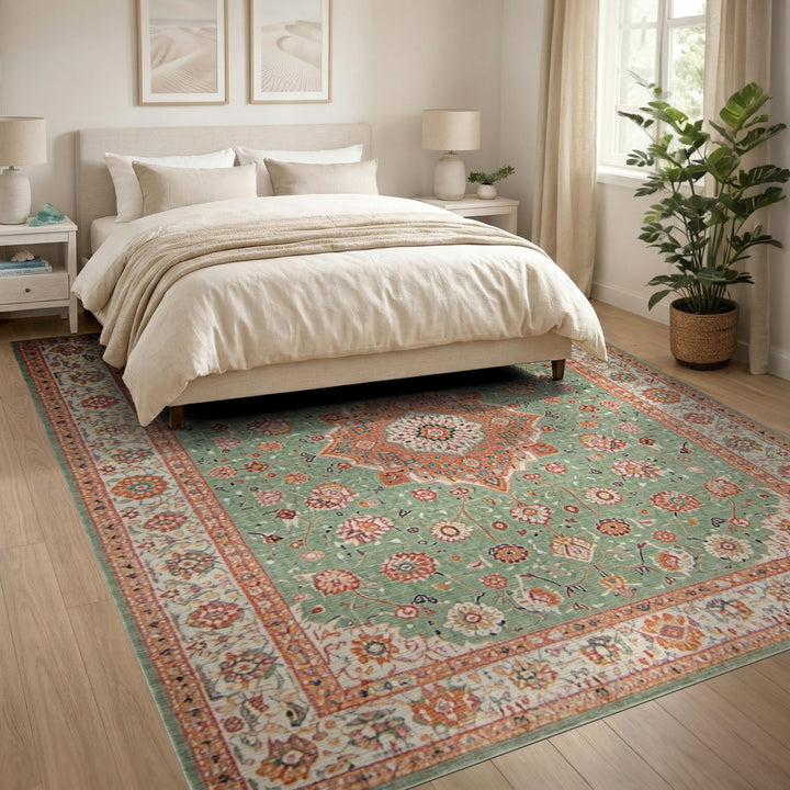 Green Persian Floral Medallion Traditional Persian Area Rug