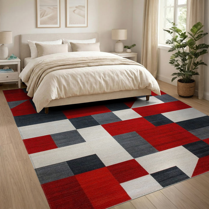 Red Geometric Block Area Rug