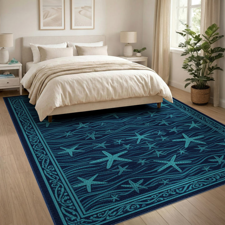 Blue Starfish Wave Coastal Area Rug