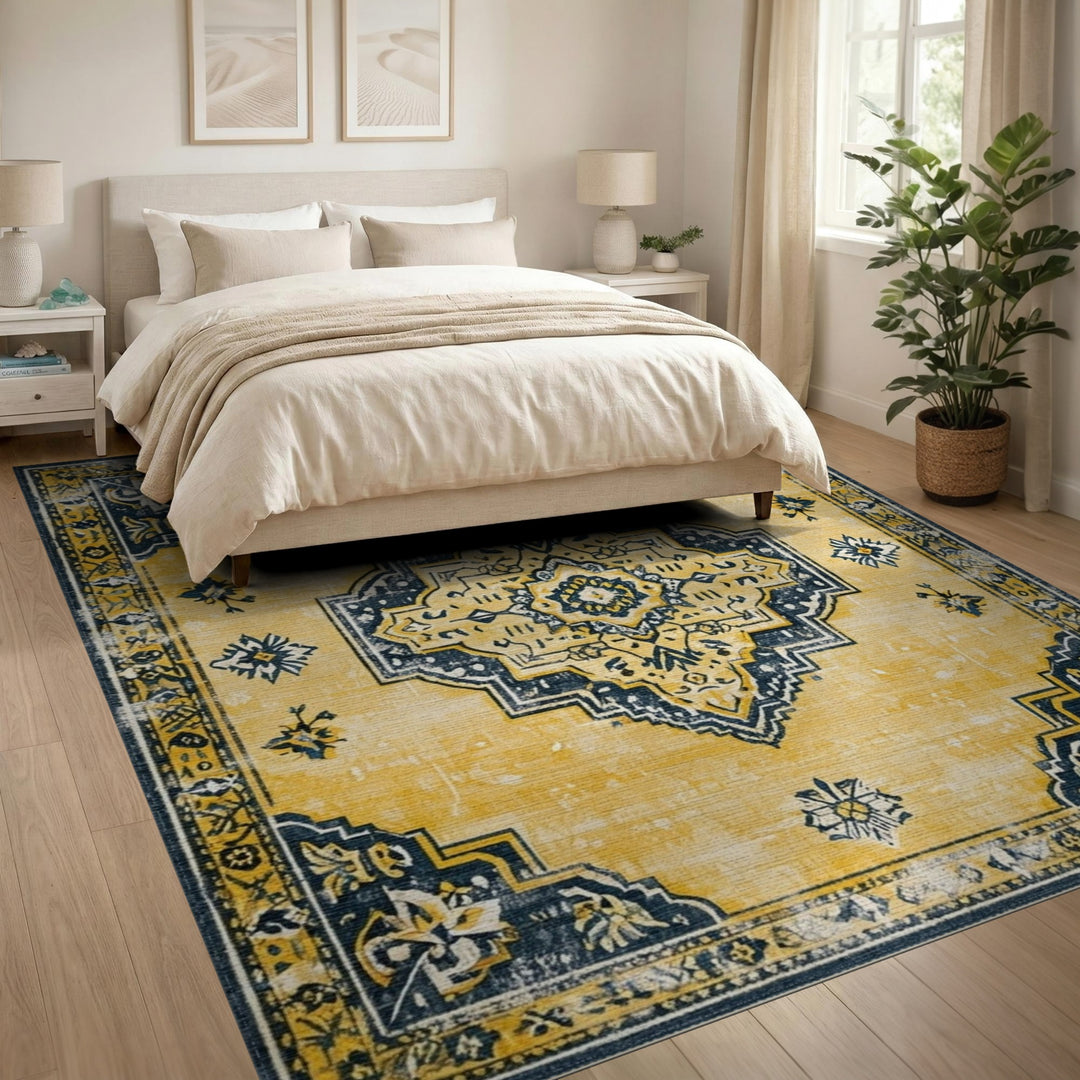 Yellow Distressed Vintage Yellow Distressed Vintage Medallion Area Rug