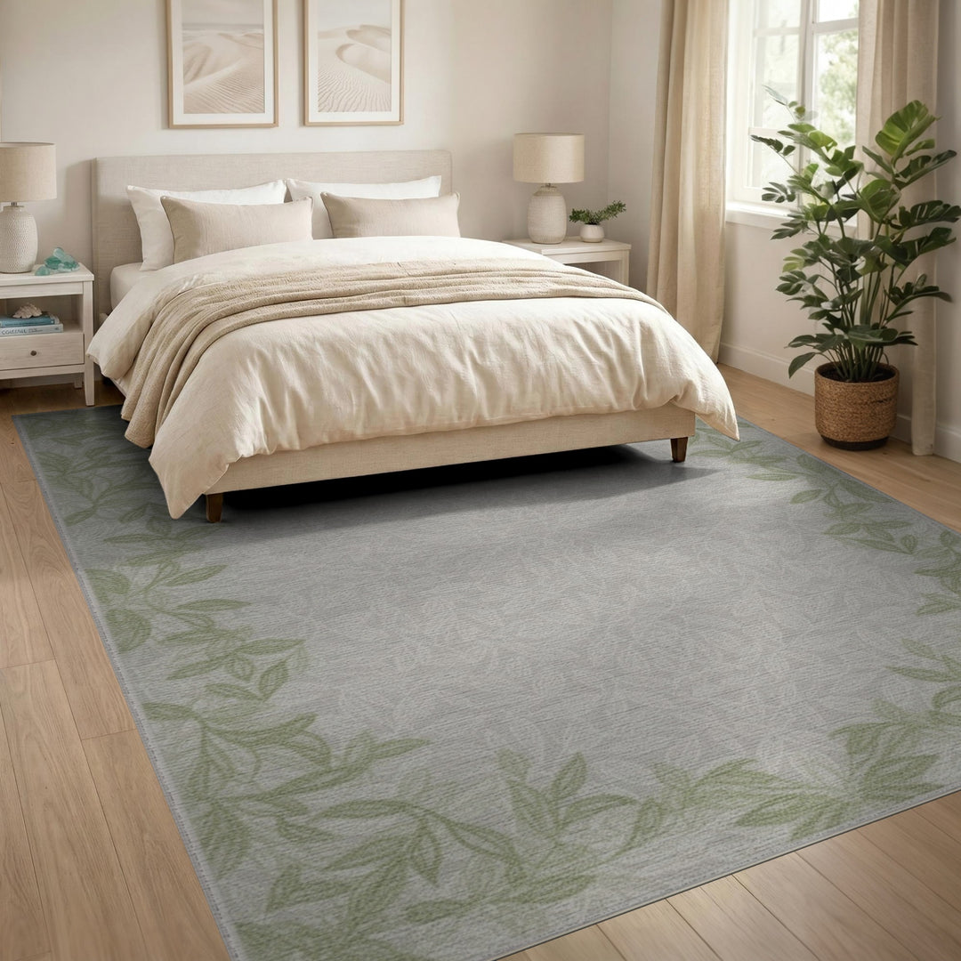 Green Leaf Border Floral Area Rug