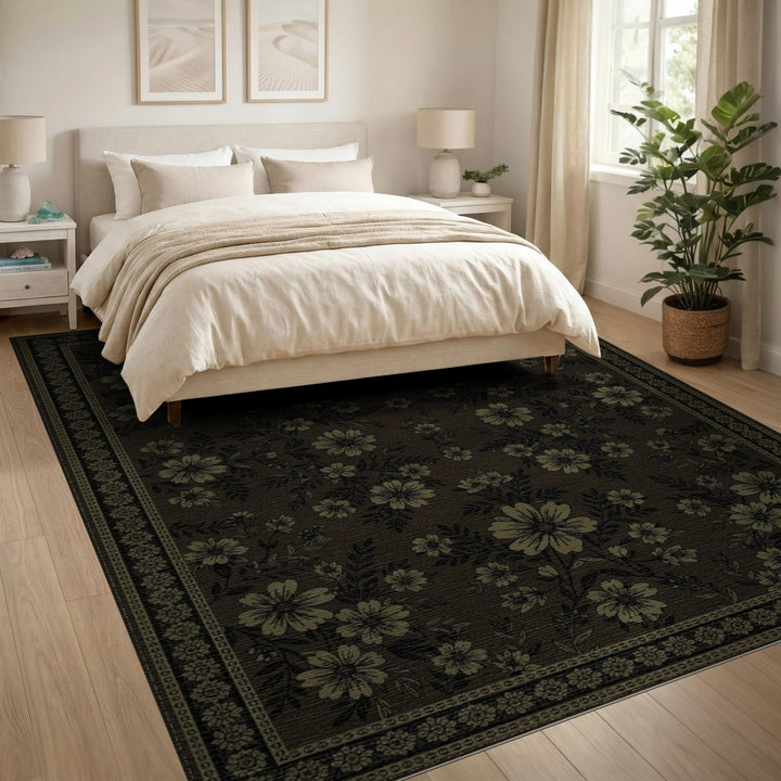 Vintage Floral Brown Washable Area Rug