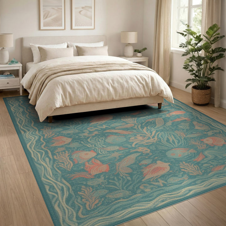 Blue and Teal Blue Teal Ocean Fish Washable Area Rug