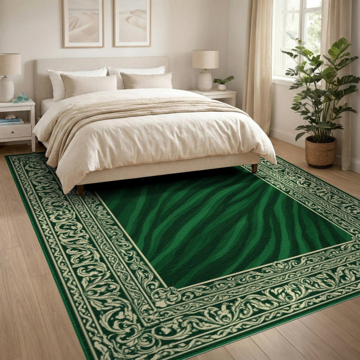 Green Zebra Striped Ornate Vintage Area Rug