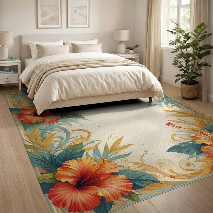 Orange Hibiscus Floral Vintage Area Rug