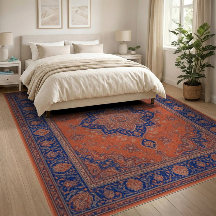 Traditional Persian Orange Blue Persian Medallion Area Rug