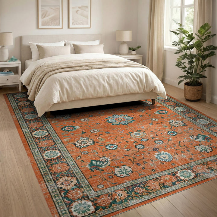 Orange Floral Vintage Area Rug