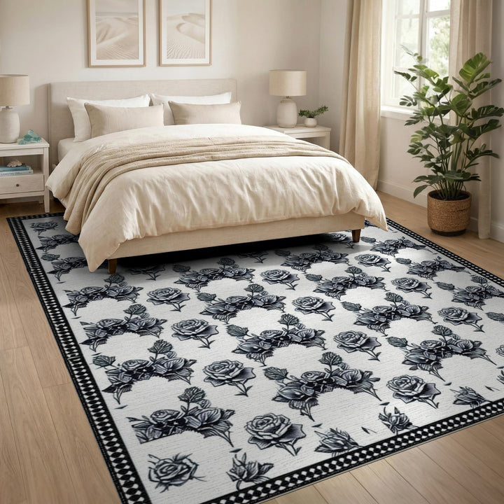 Black White Rose Floral Vintage Area Rug