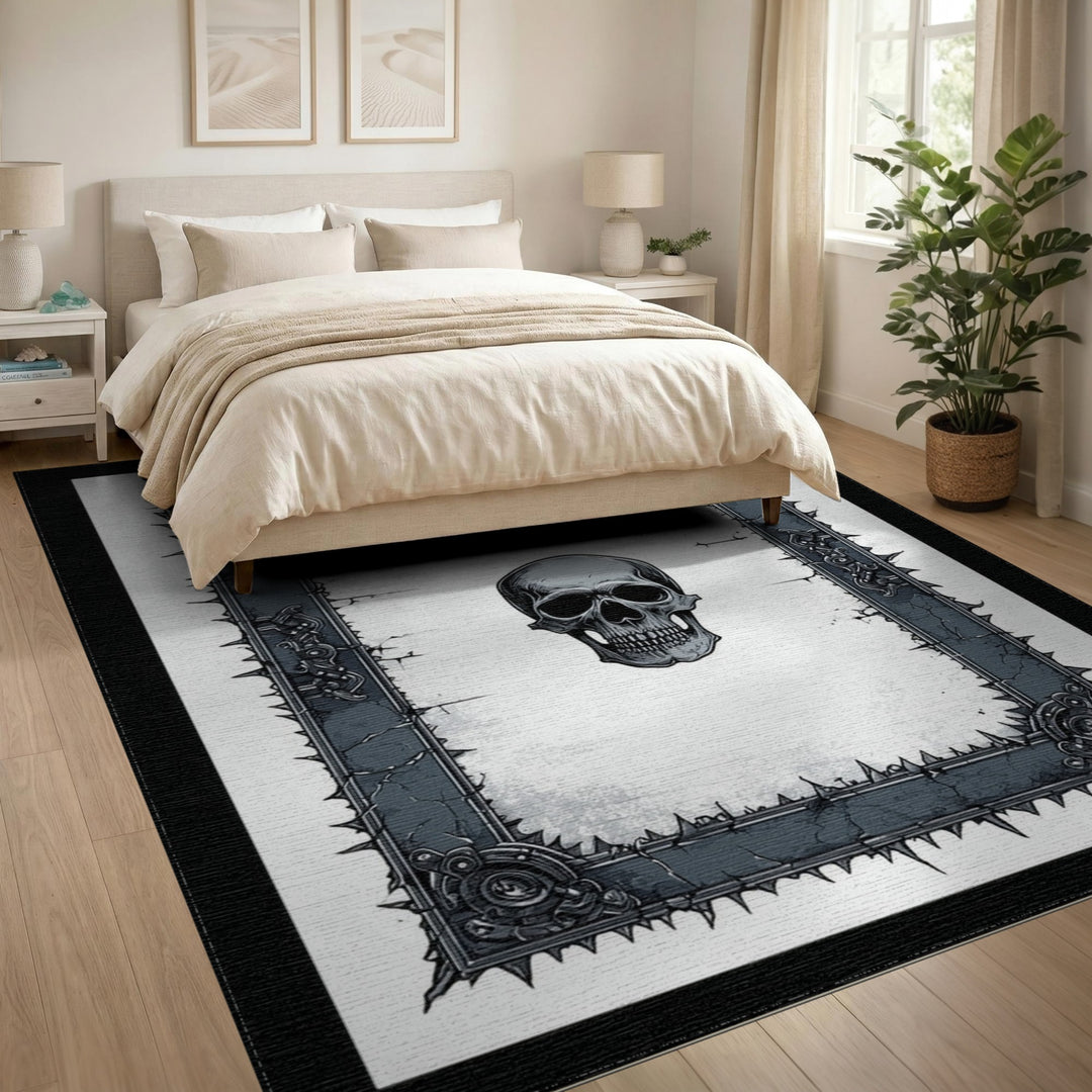 Black White Skull Frame Distressed Rug