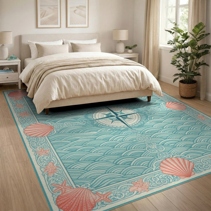 Coastal Compass Wave Teal Area Rug