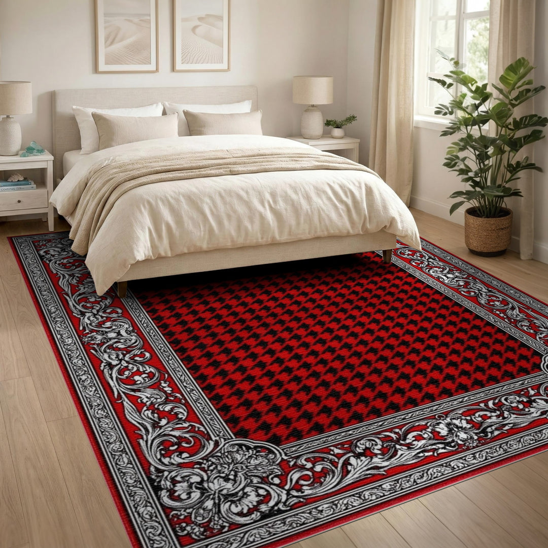 Red Houndstooth Ornate Border Area Rug