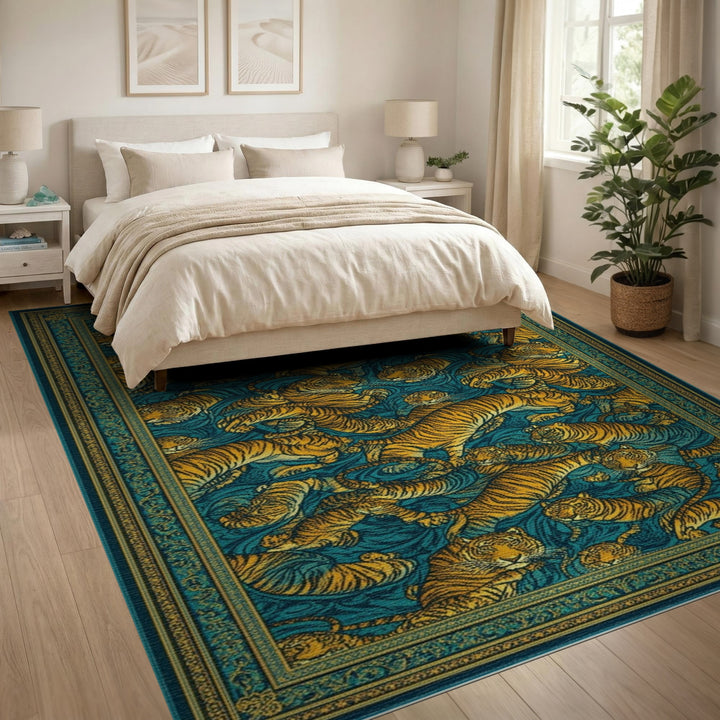 Blue Teal Tiger Wave Area Rug