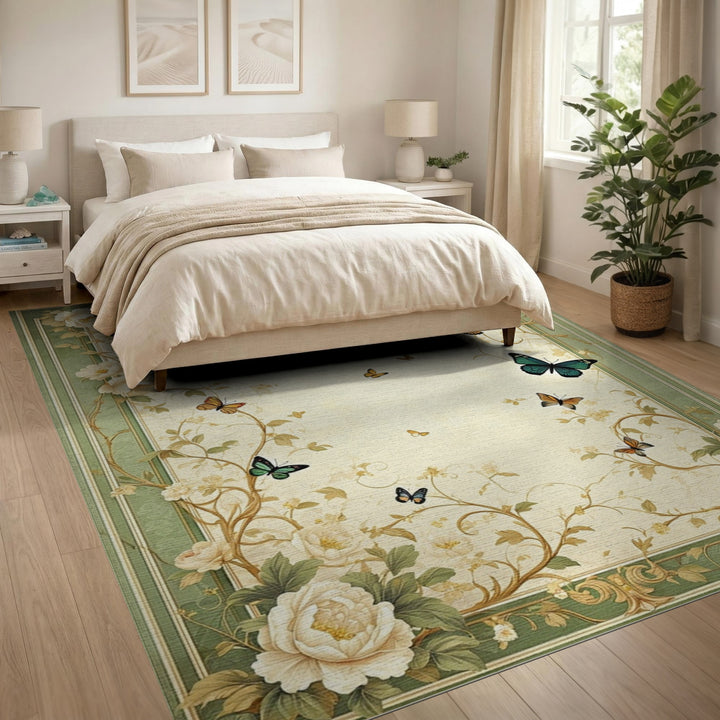 Green Floral Butterfly Vintage Area Rug