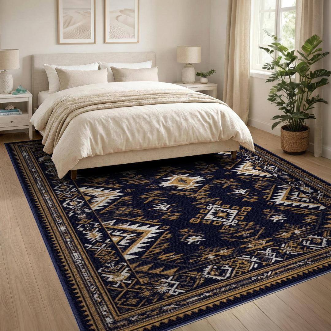 Navy Blue Gold Tribal Area Rug