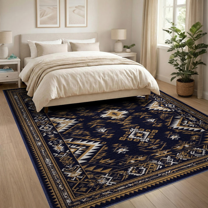 Navy Blue Gold Tribal Area Rug