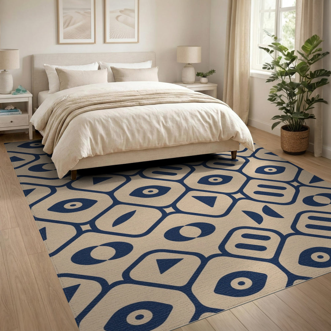 Beige Navy Geometric Eye Area Rug