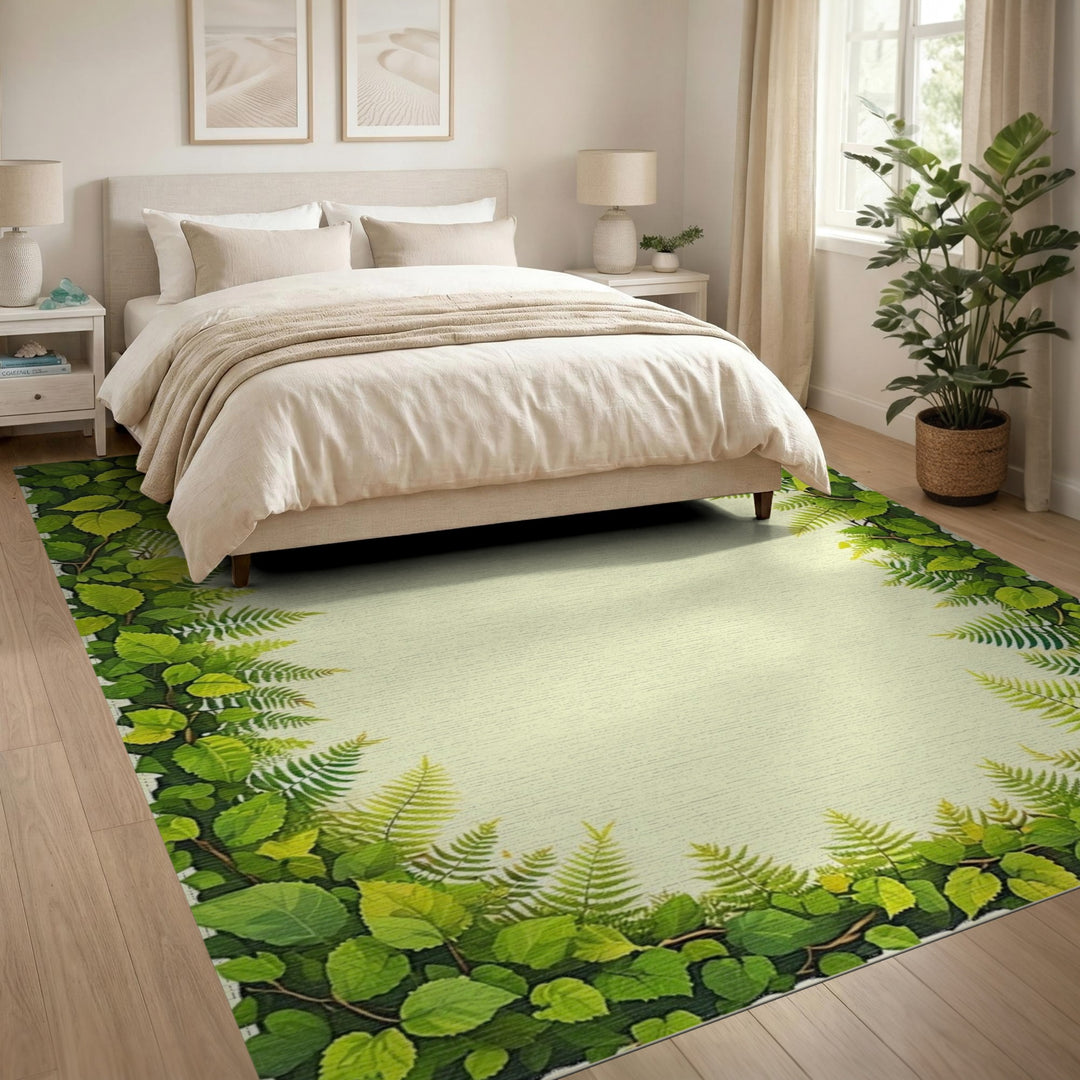 Lush Green Fern Leaf Border Area Rug