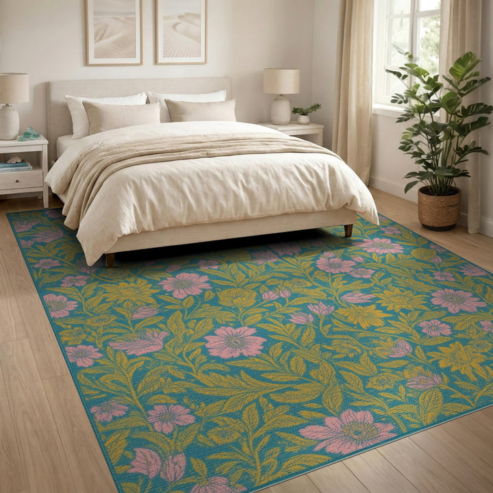 Teal Vintage Floral Washable Area Rug
