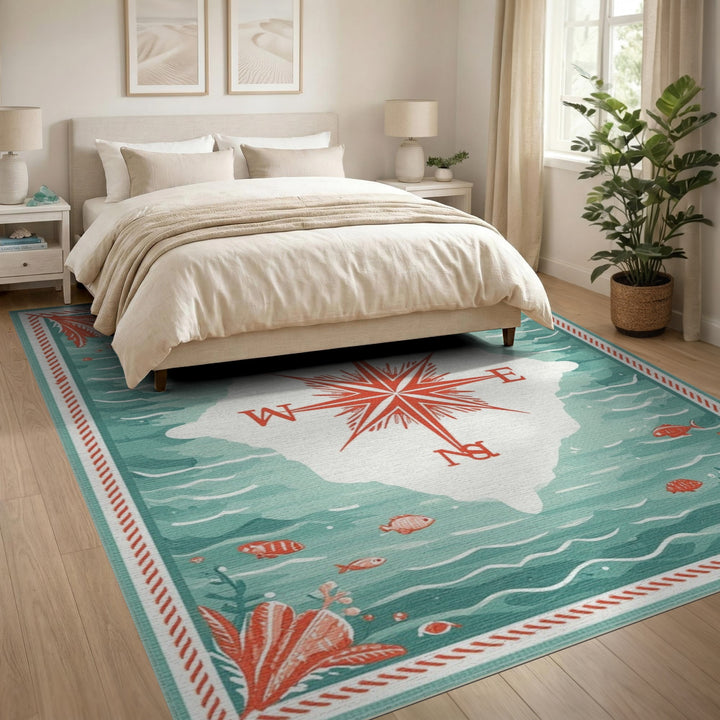Coastal Compass Teal Area Rug