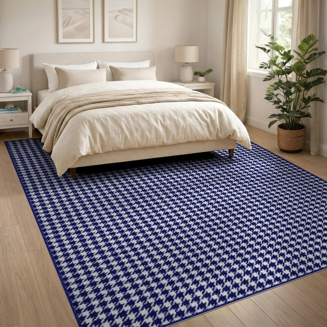 Blue and Teal Navy Blue Checkered Geometric Area Rug