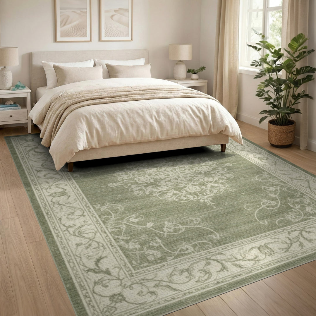 Green Distressed Vintage Floral Medallion Rug