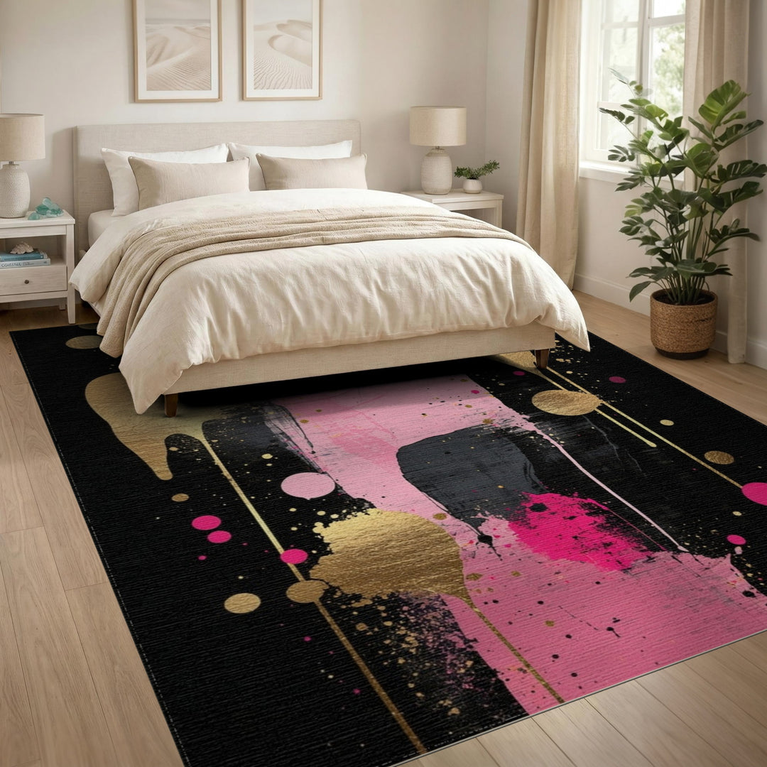 Pink Abstract Gold Drip Area Rug